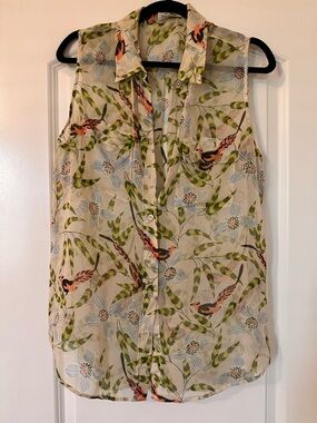 Equipment Femme Floral Print Sheer Blouse in Cream, Green & Coral